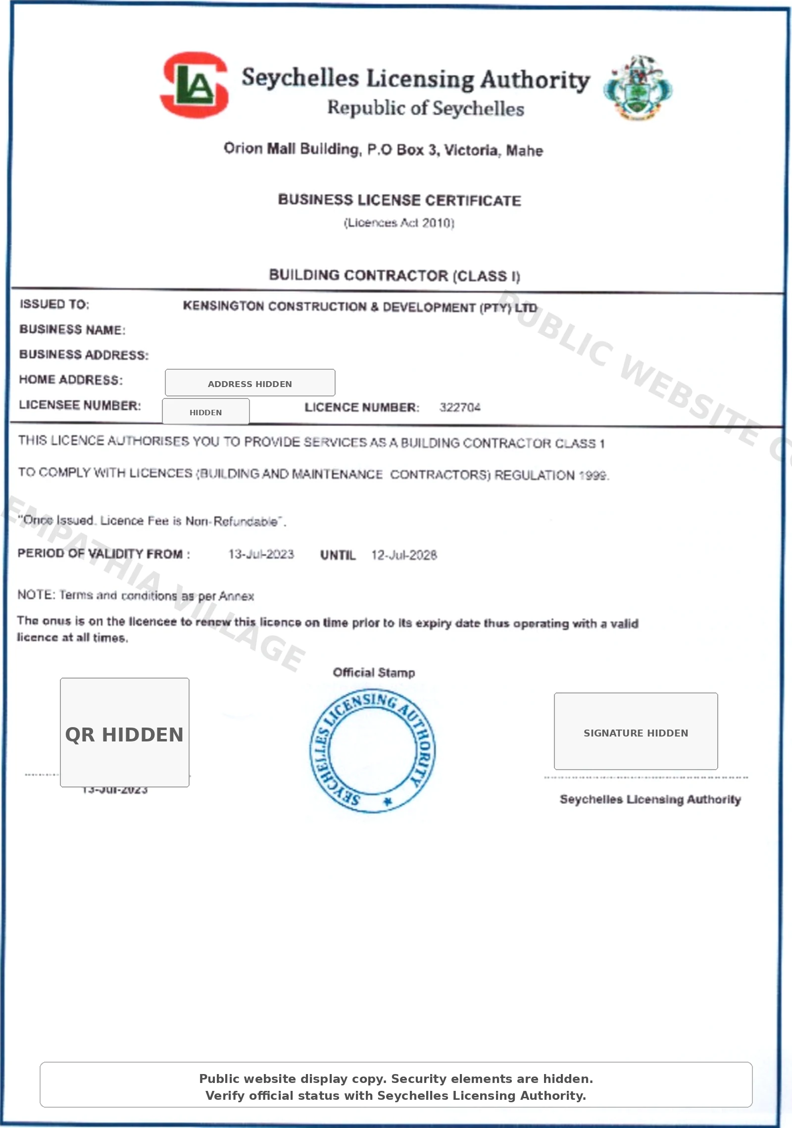 Kensington Construction Class I Building Contractor Licence — Seychelles Licensing Authority