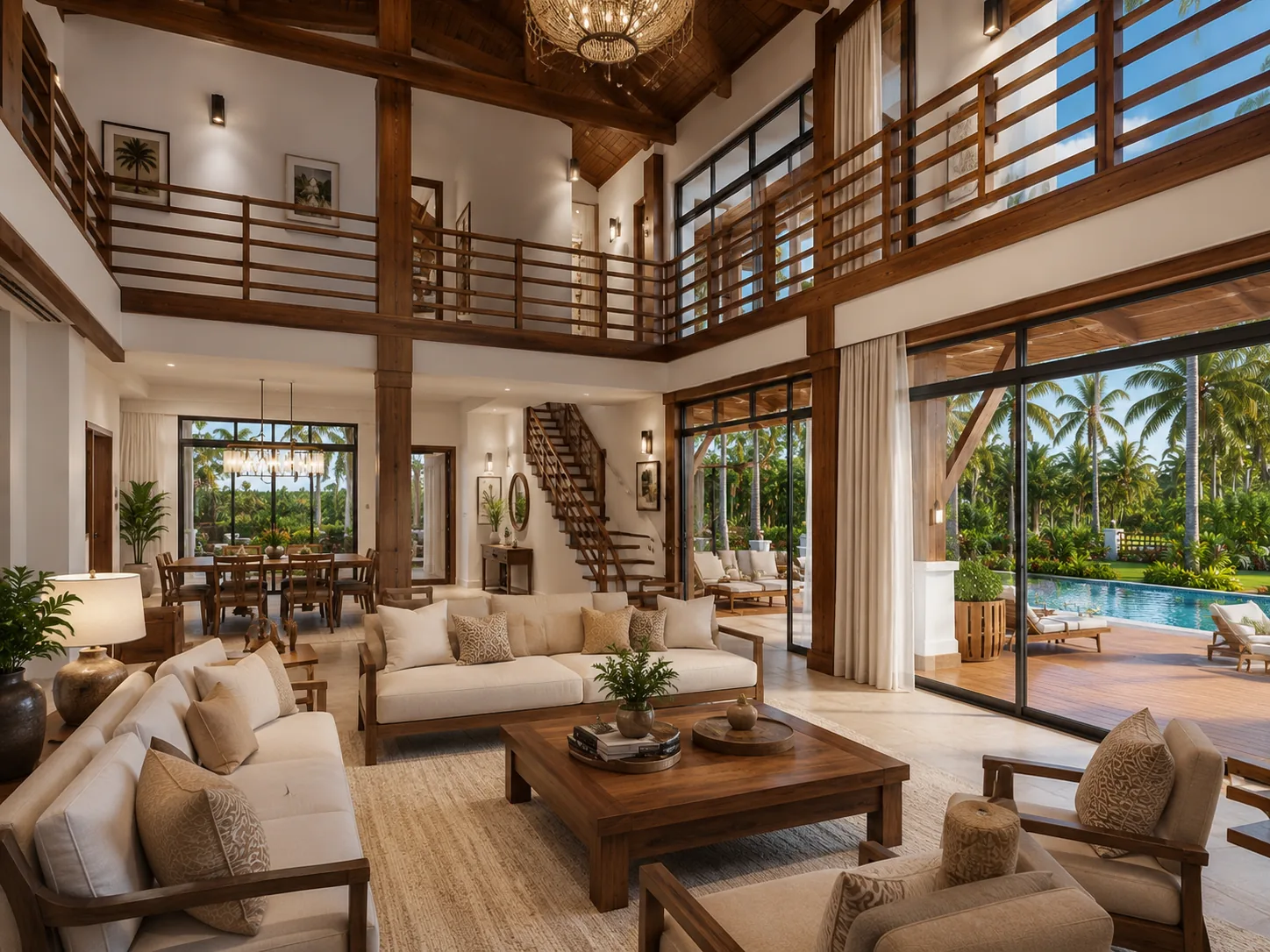 Интерьер Villa Georgette — двусветная гостиная с антресольным этажом
